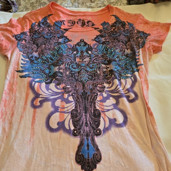 Angels & Diamonds Coral and Purple Graphic Tee - Picture 1 of 2